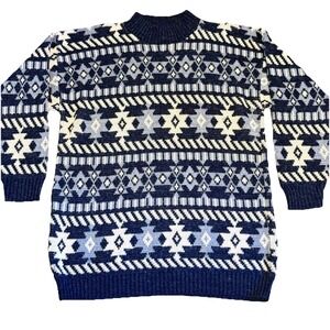 VTG 90S DANA SCOTT Metallic KNIT Geometric Mom Sweater SZ M USA Made Blue Winter